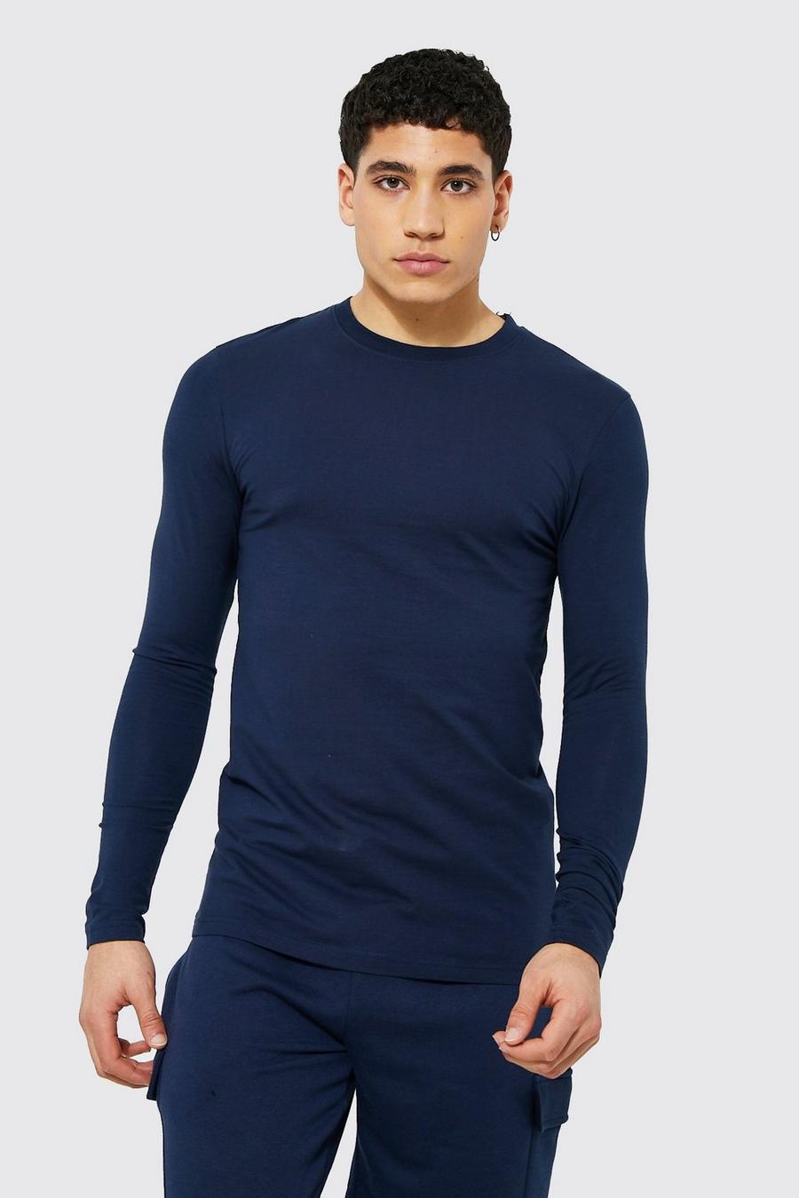 Navy Muscle Fit T-Shirt Met Lange Mouwen Met Reel Katoen image number 1