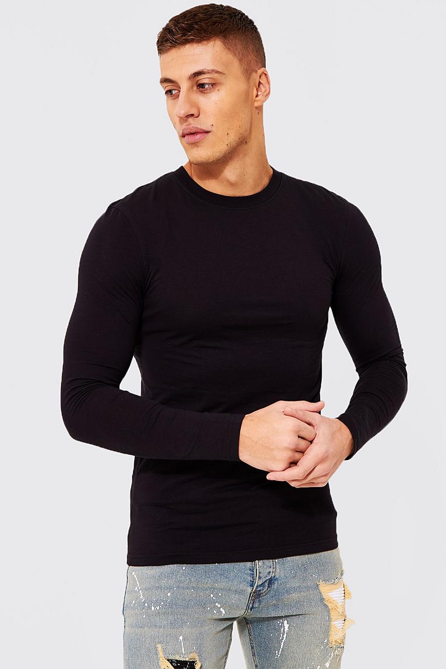 T-shirt moulant à manches longues en coton REEL, Black image number 1