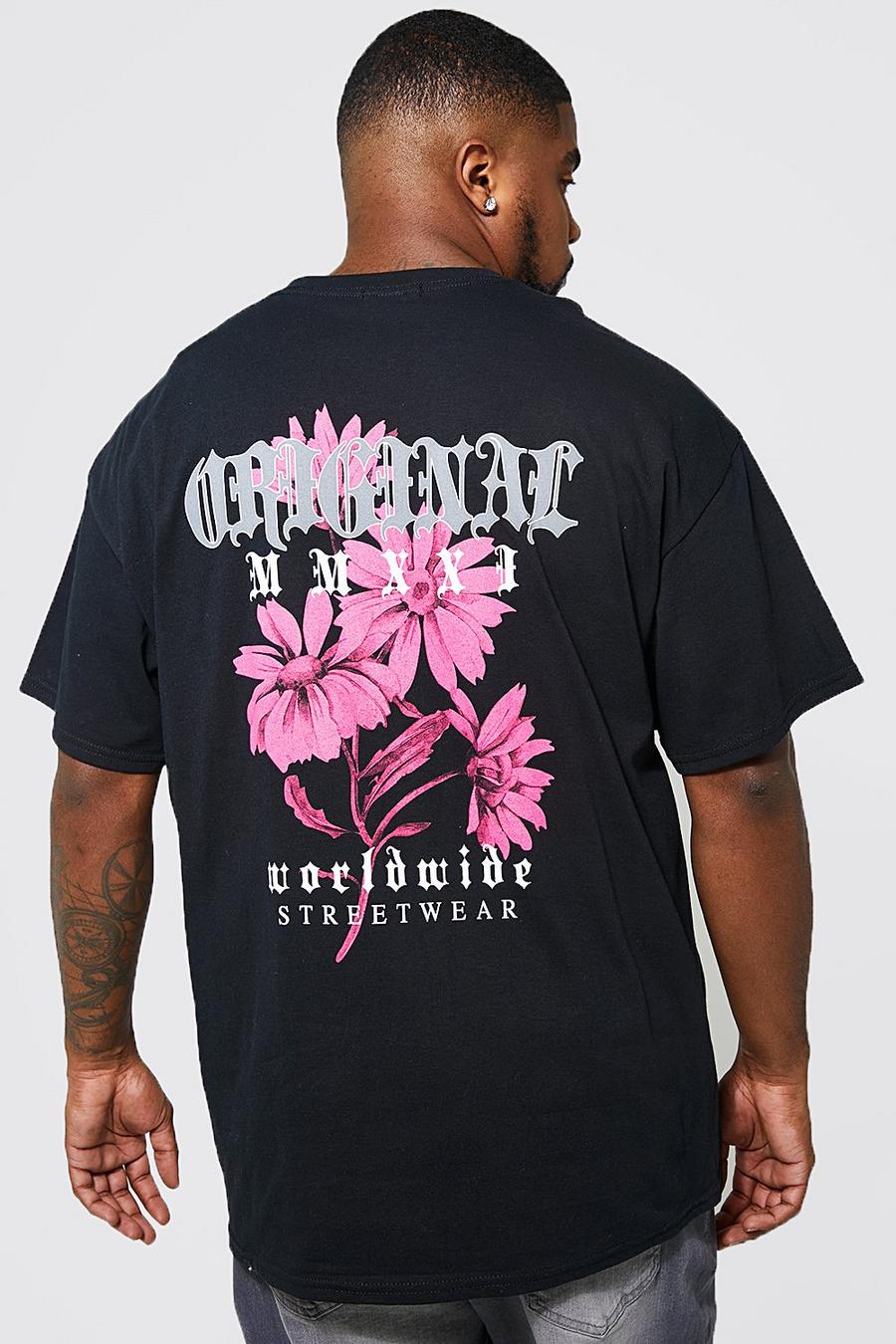 Camiseta Plus con estampado gráfico de flores en la espalda, Black nero