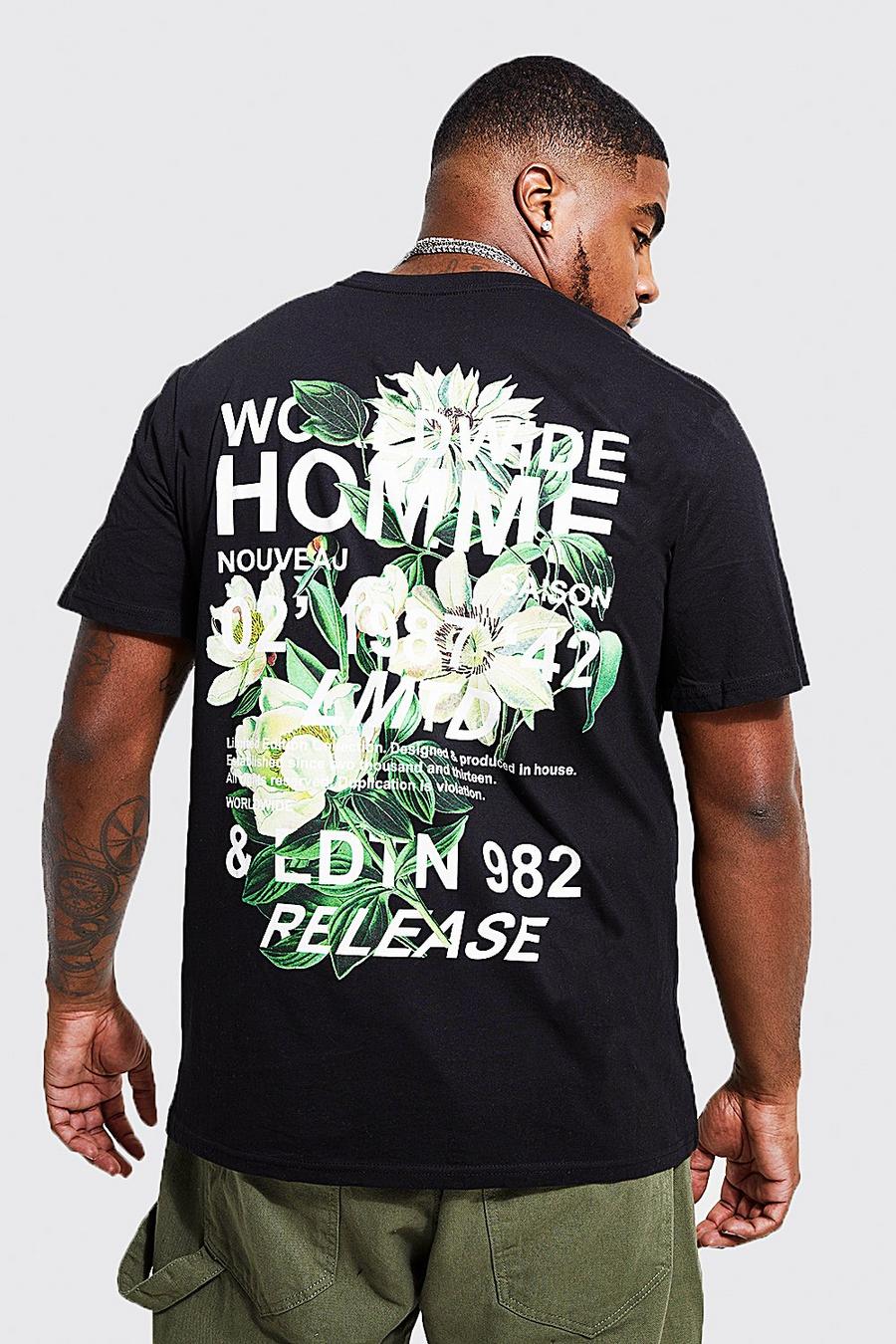 Plus T-Shirt mit Blumendruck vorne und hinten, Black image number 1