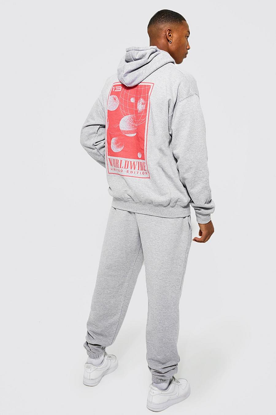 Grey marl Oversized Worldwide Graphic Hooded Tracksuit image number 1