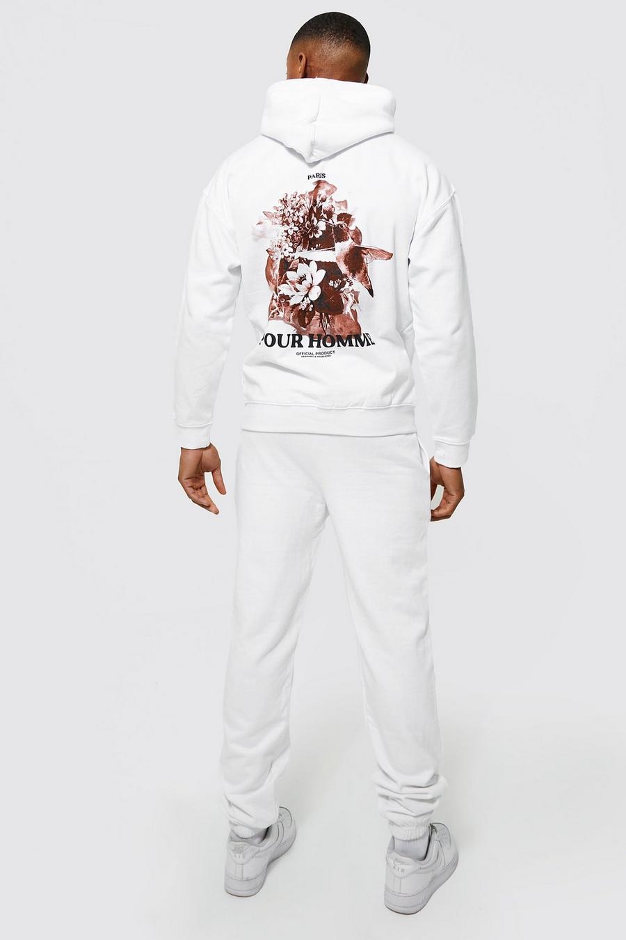 White Oversized Homme Floral Hooded Tracksuit image number 1