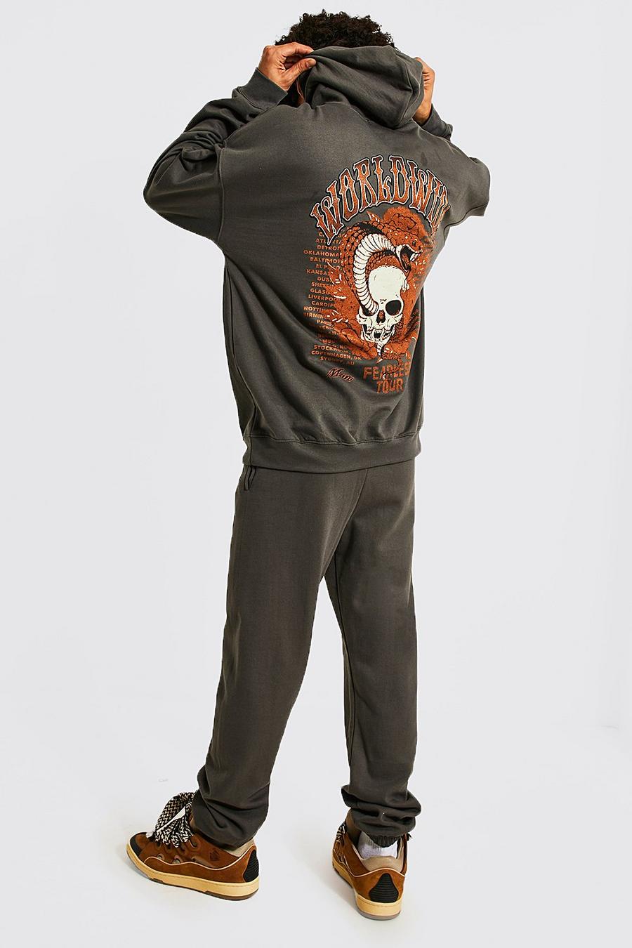 Charcoal gris Oversized Worldwide Skull Hooded Tracksuit image number 1