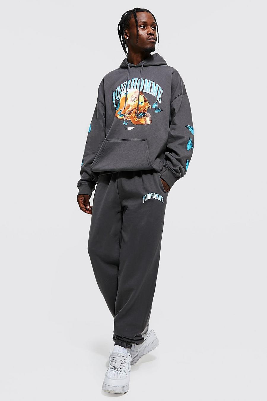 Charcoal Oversized Pour Homme Skull Hooded Tracksuit image number 1