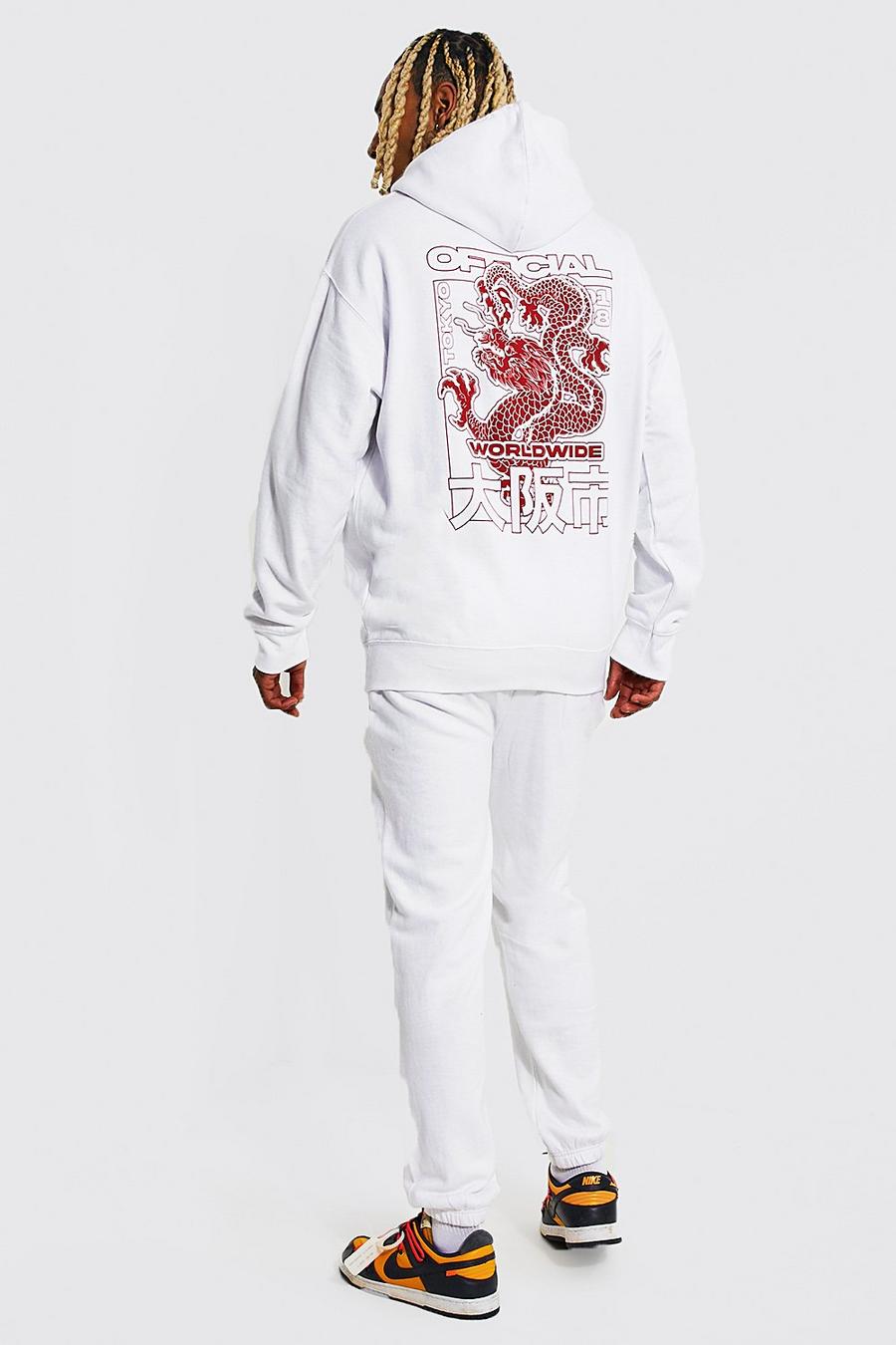 Oversize Official Trainingsanzug mit Drachen-Print und Kapuze, White image number 1