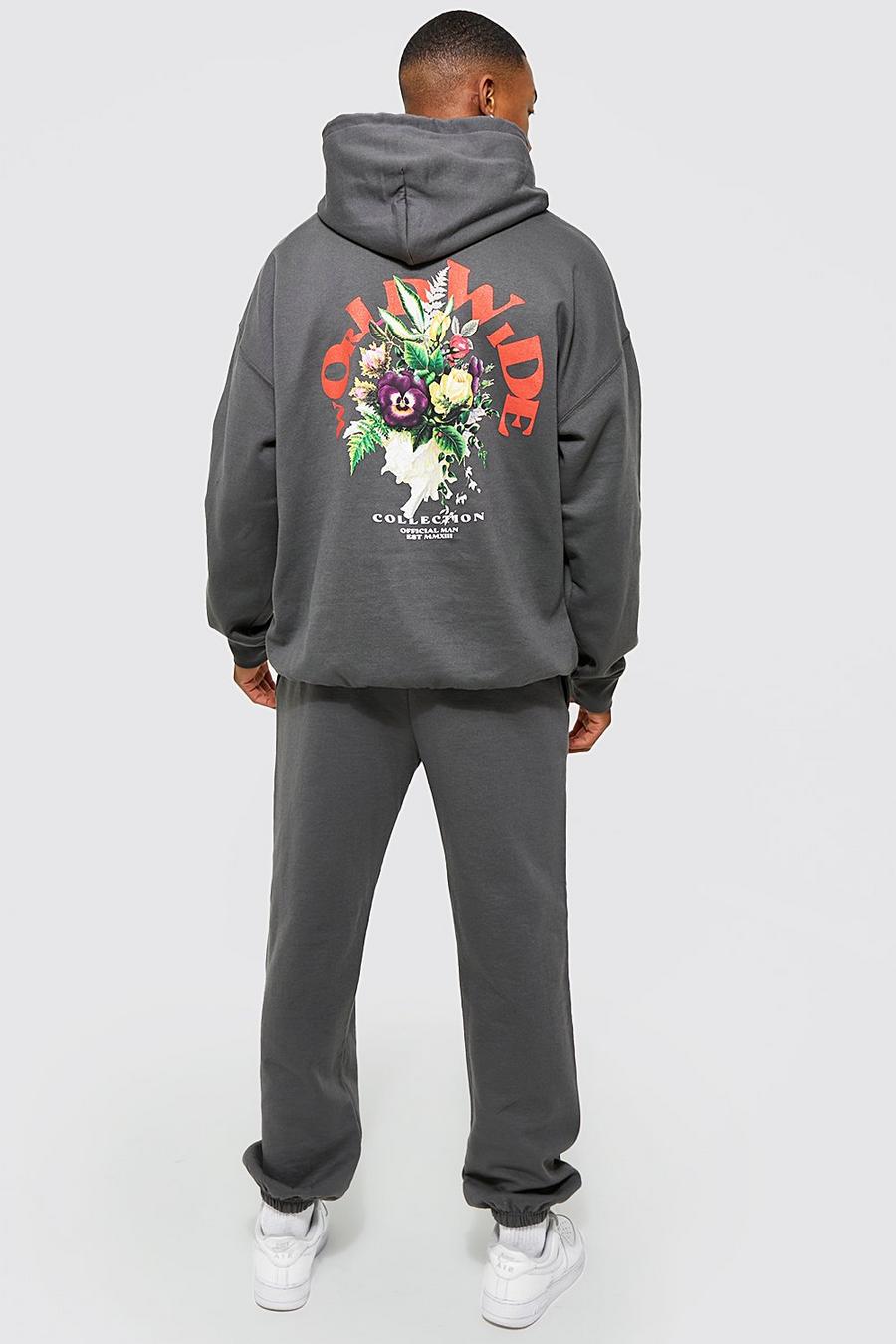 Charcoal Oversized Worldwide Floral Hooded Tracksuit image number 1
