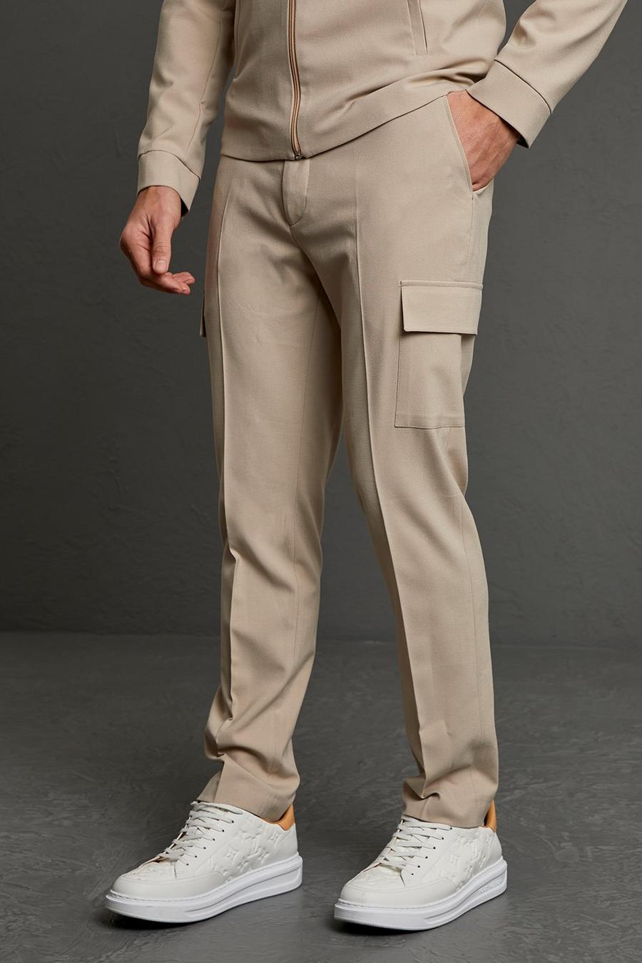 Beige Smart Cargo Pocket Slim Fit Trousers image number 1