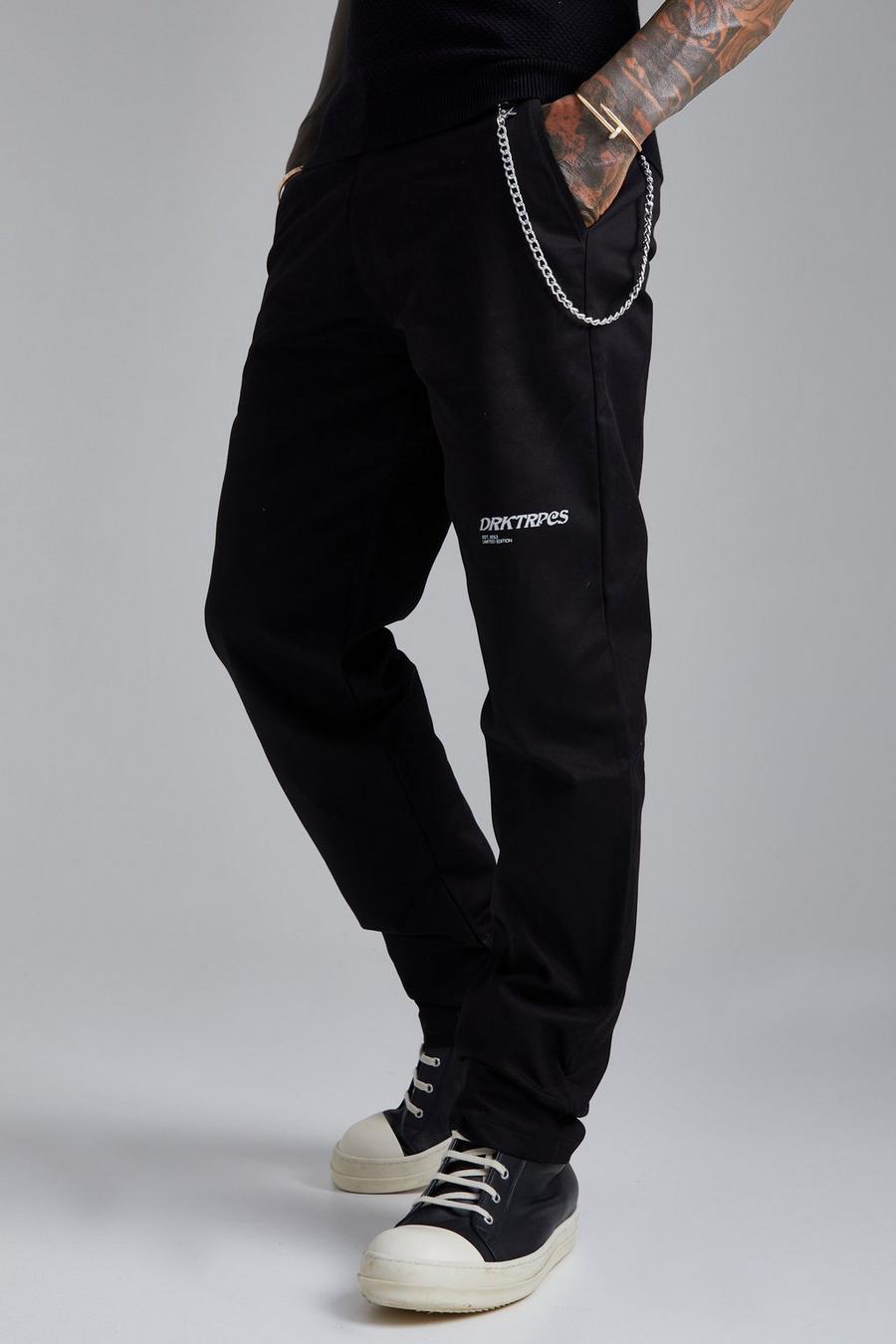 Lockere Chino-Hose mit Print und Kette, Black schwarz