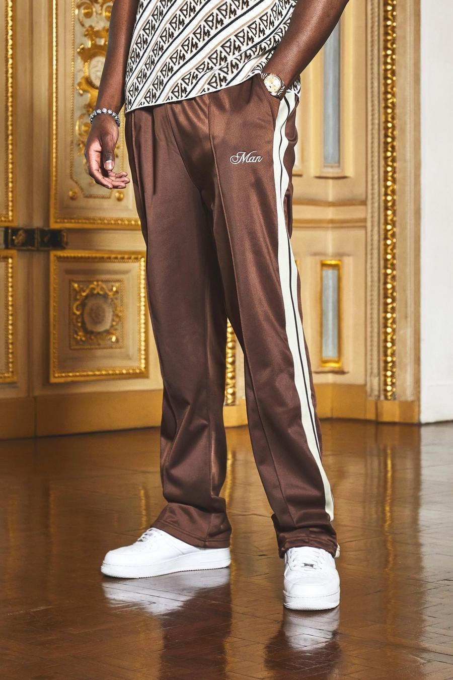 Chocolate brown Loose Fit Man Embroidered Tricot Tape Jogger