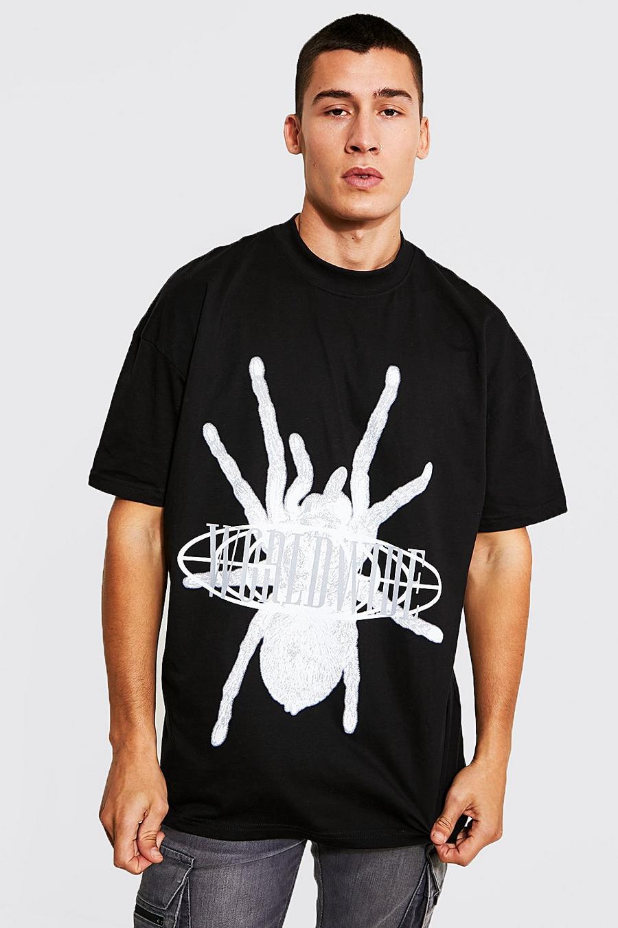 Black Oversized Extended Neck Spider Graphic Tshirt image number 1
