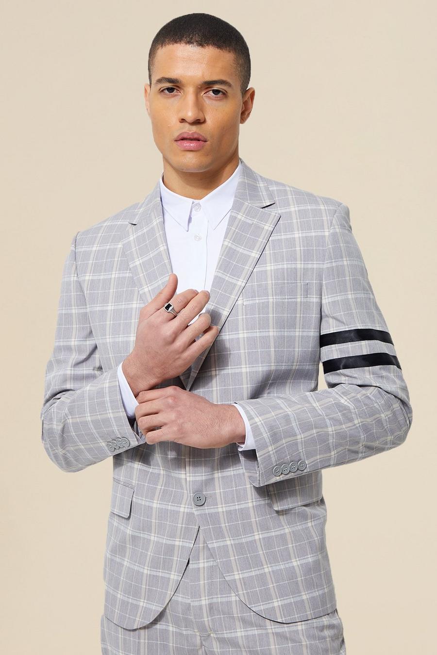 Grey Single Breasted Relaxed Check Suit Jacket image number 1