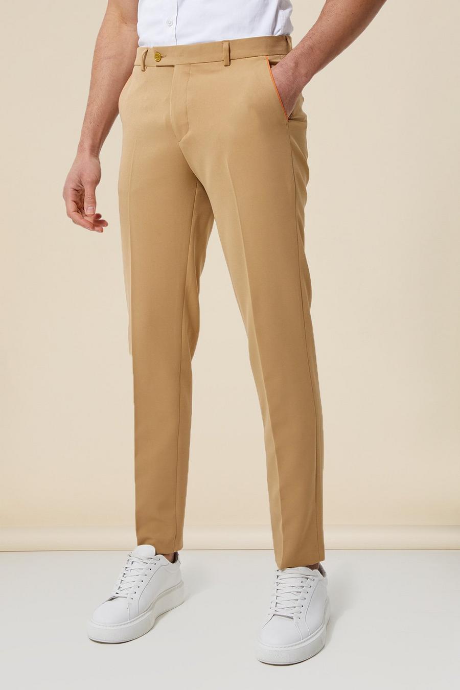 Beige Slim Piped Suit Trousers image number 1
