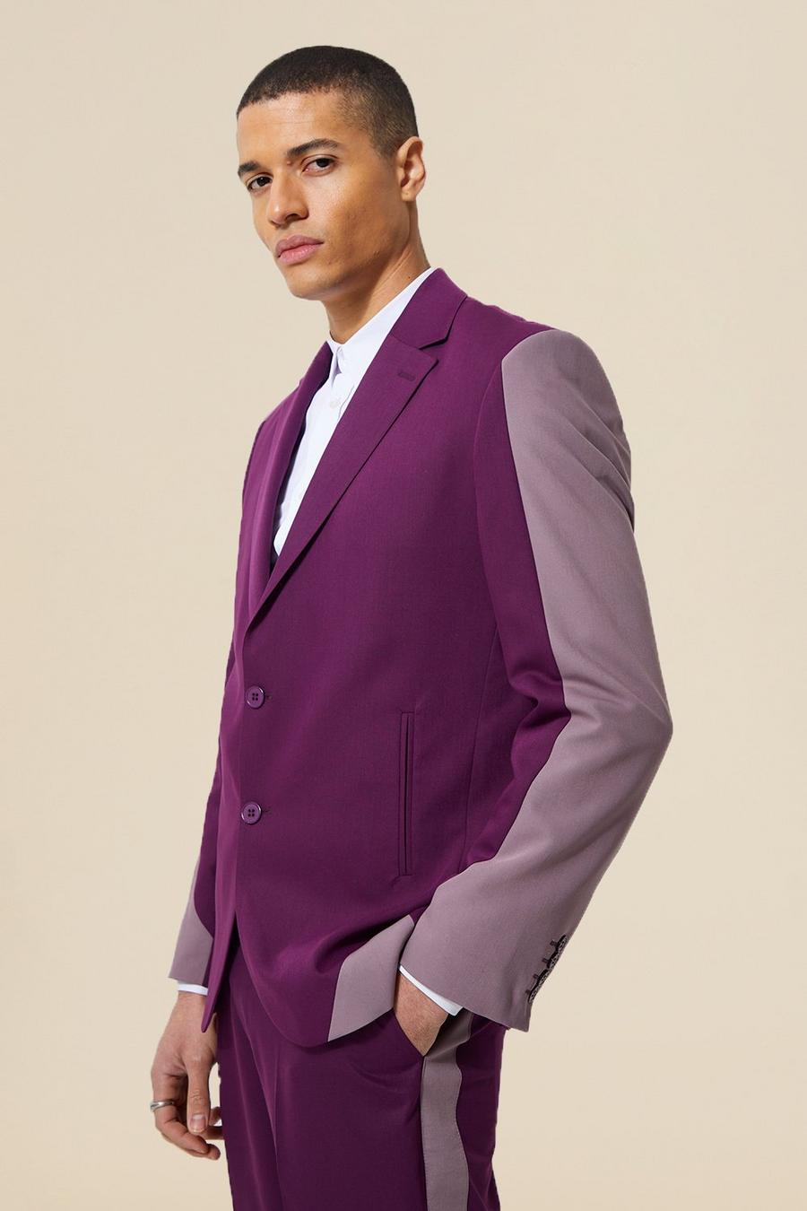 Purple Single Breasted Relaxed Spliced Suit Jacket image number 1