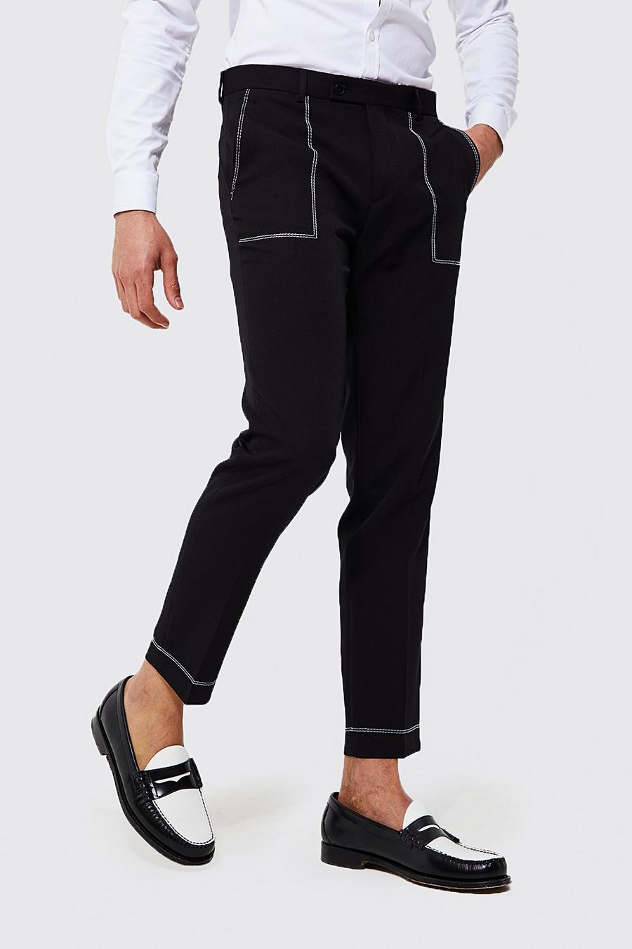 Pantaloni completo Slim Fit con cuciture a contrasto, Black