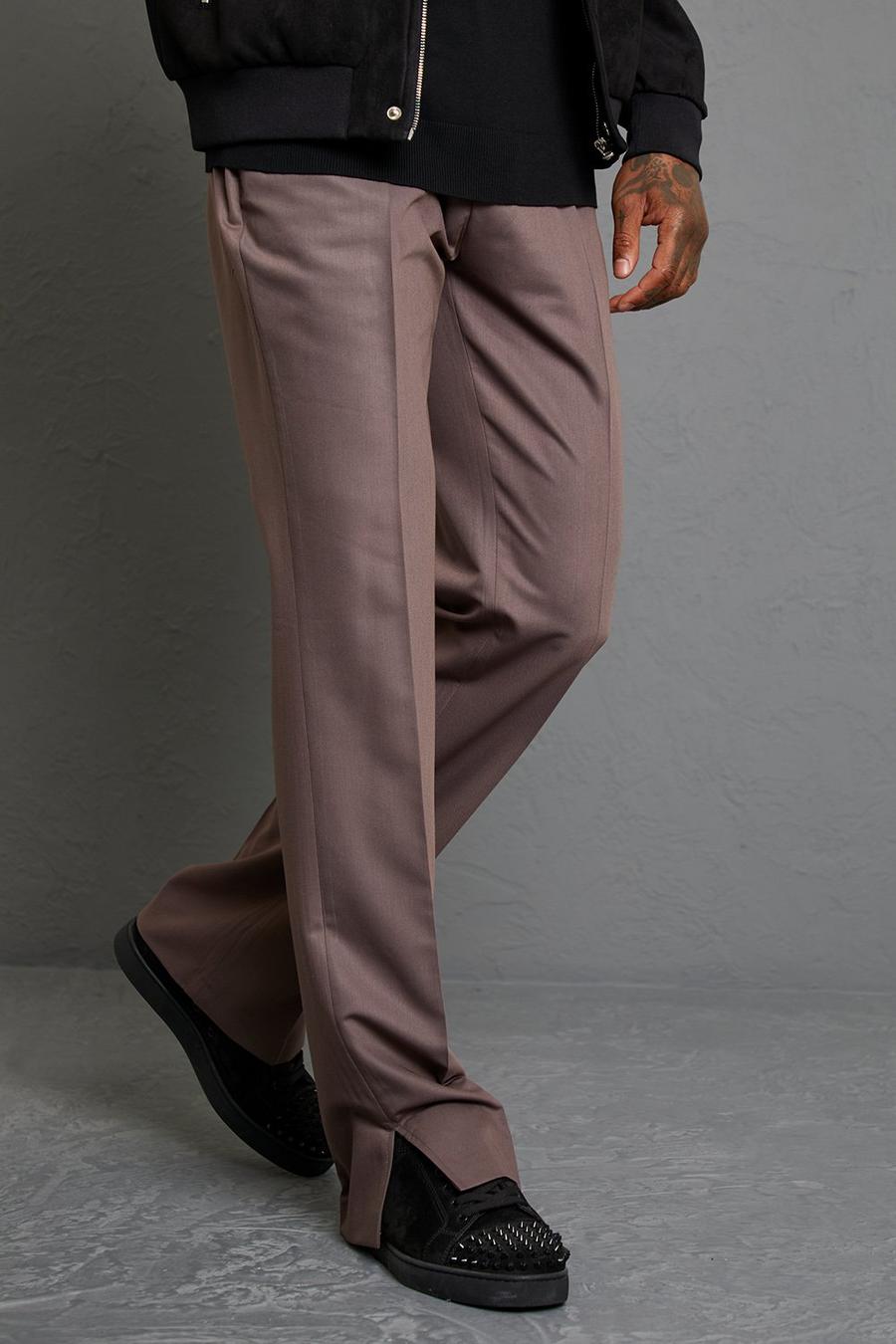 Brown Straight Leg Side Split Tailored Trouser