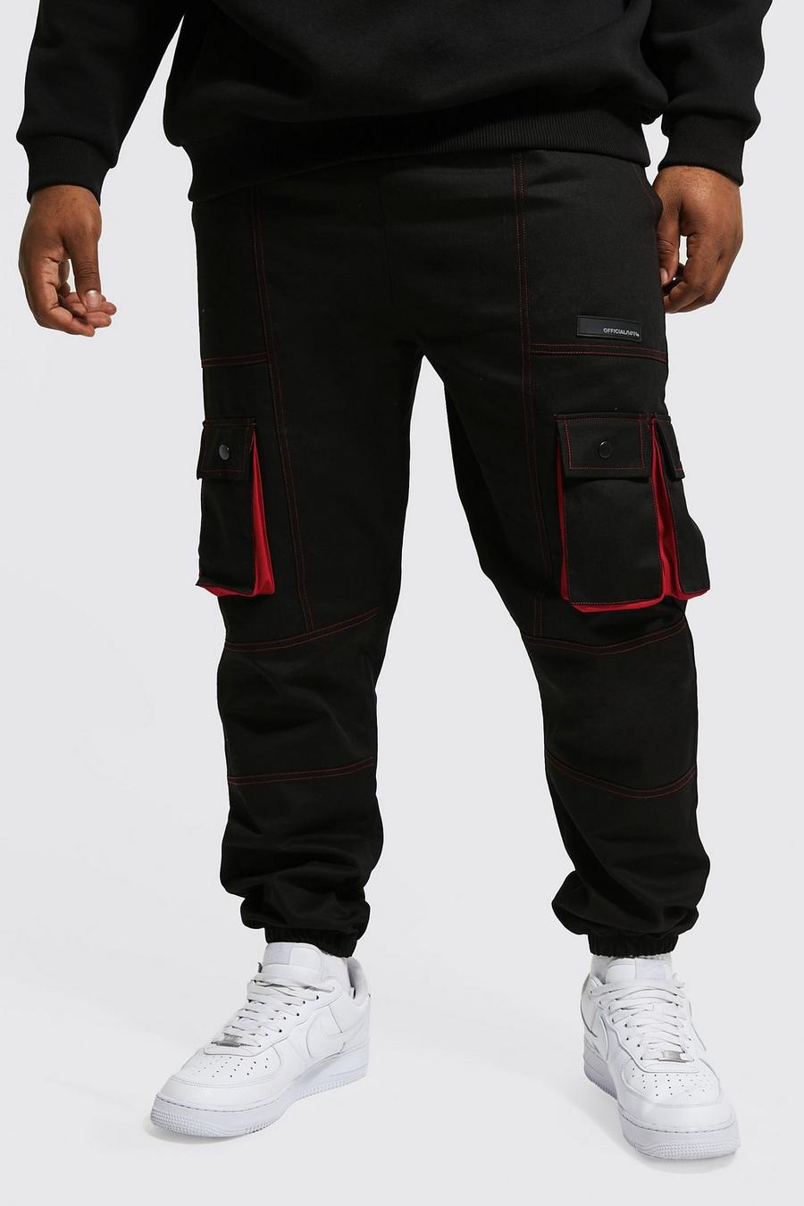 Pantaloni Cargo Plus Size Slim Fit con dettagli a contrasto, Black nero