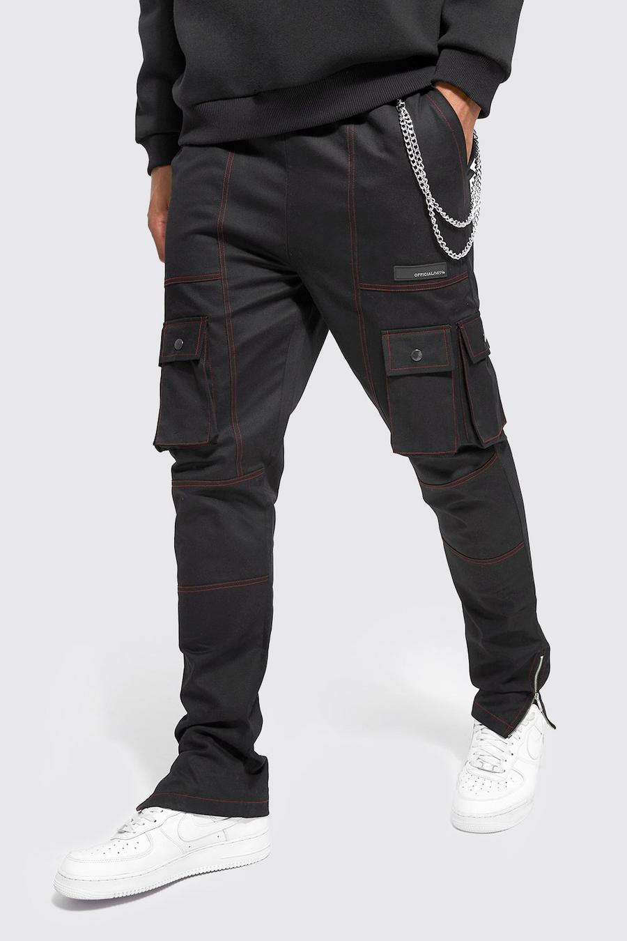 Tall - Pantalon cargo à coutures contrastants et chaînes, Black image number 1