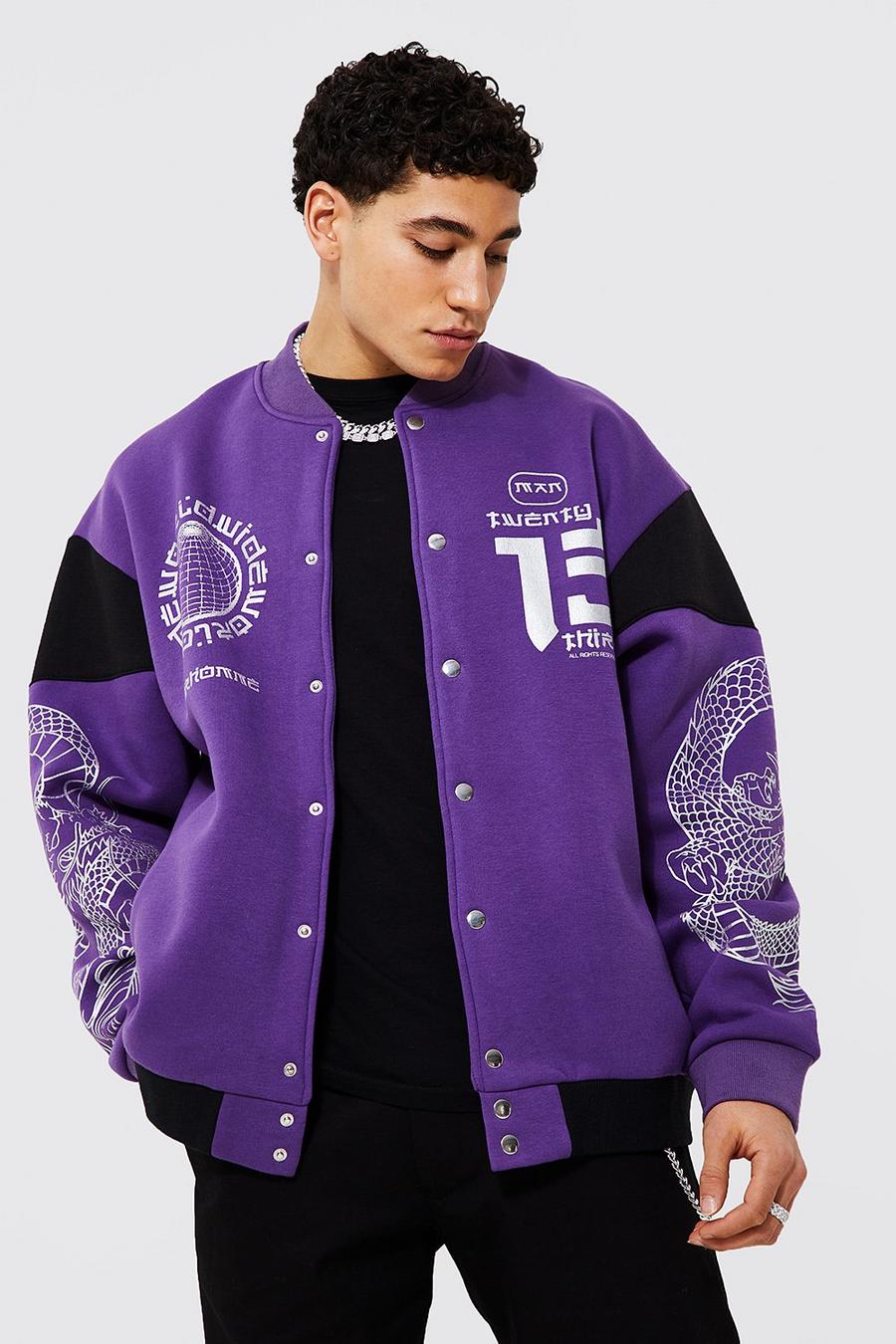 Purple Oversized Jersey Bomber With Foil Print image number 1