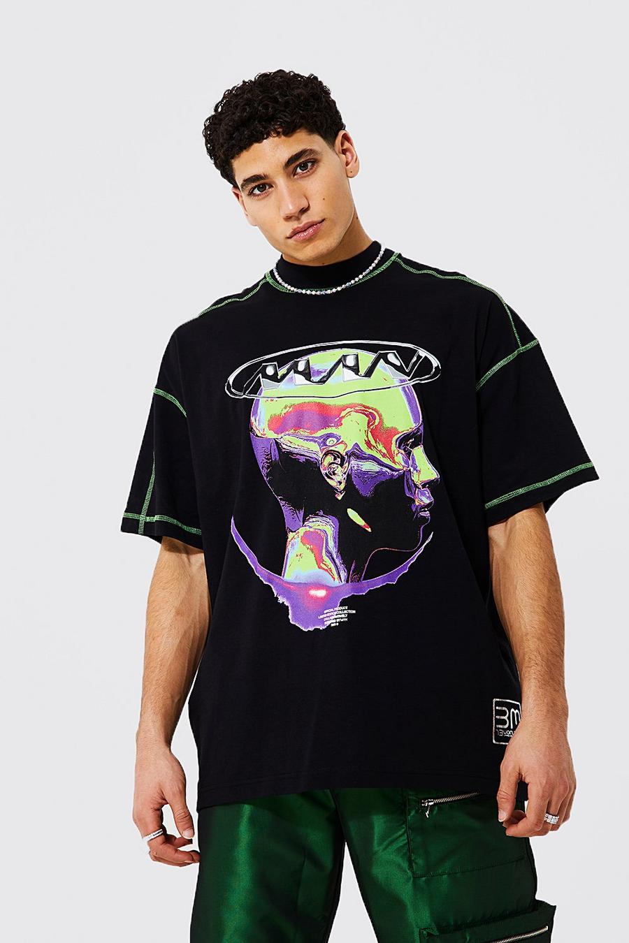 Black Oversized Extended Neck Graphic Print T-shirt image number 1