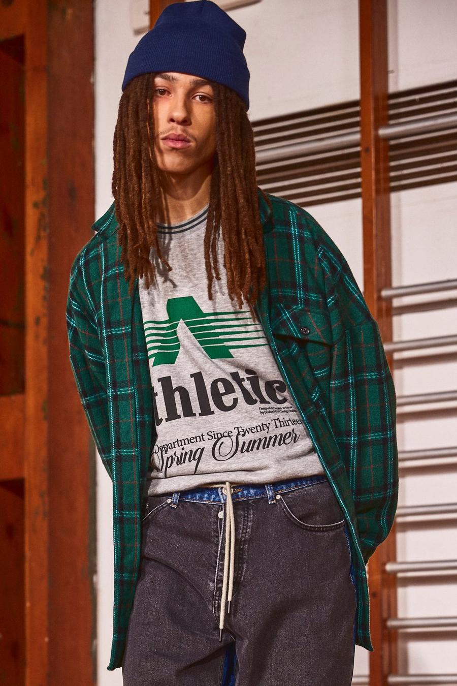 Forest grön Oversized Check Overshirt With Curved Hem