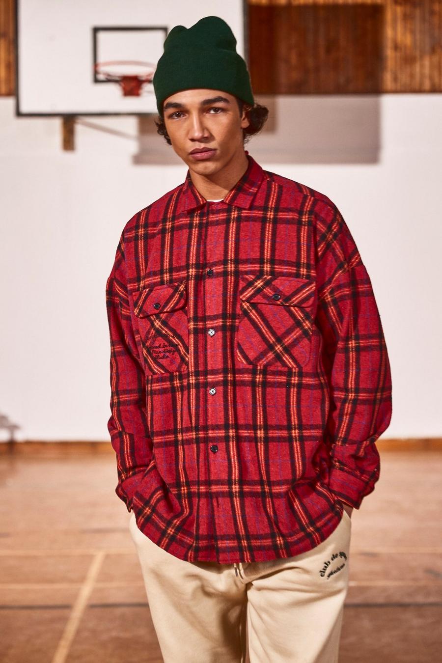 Red Oversized Check Overshirt With Curved Hem image number 1