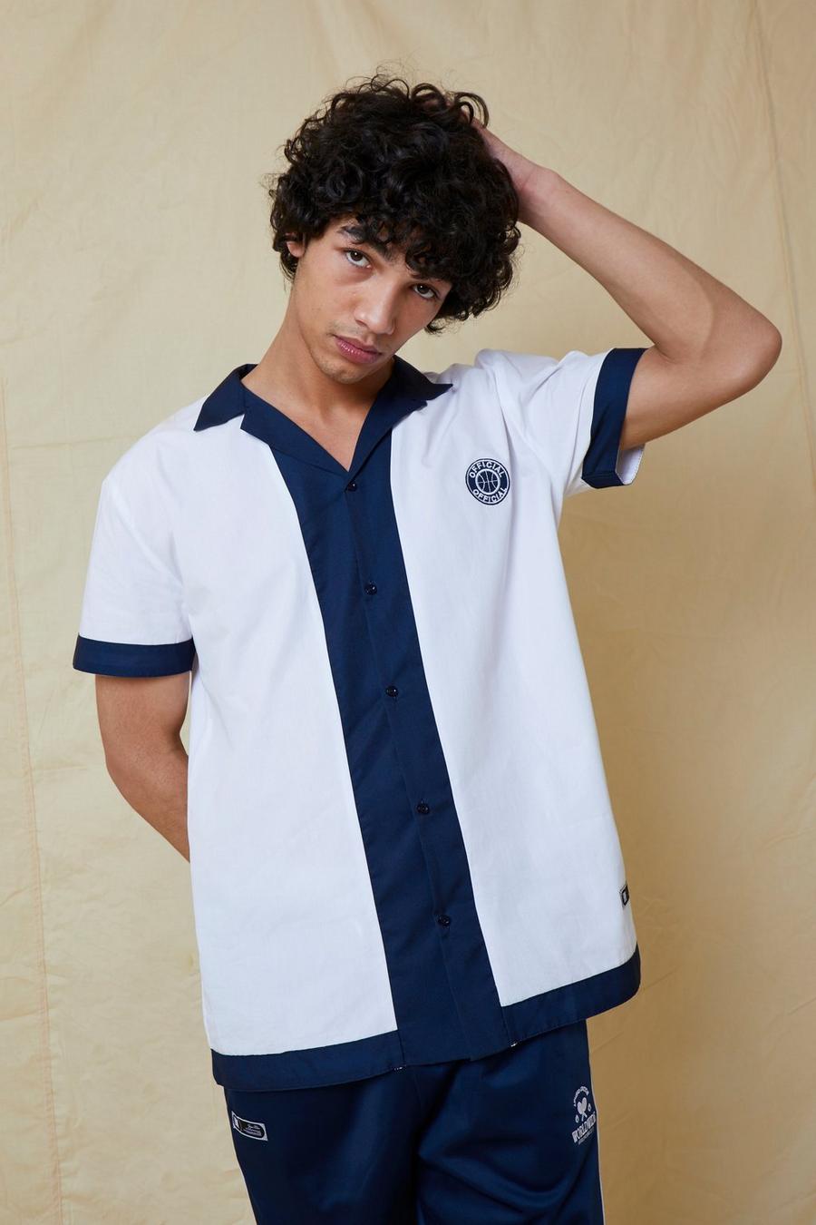 Navy Oversized Embroidered Bowling Shirt image number 1