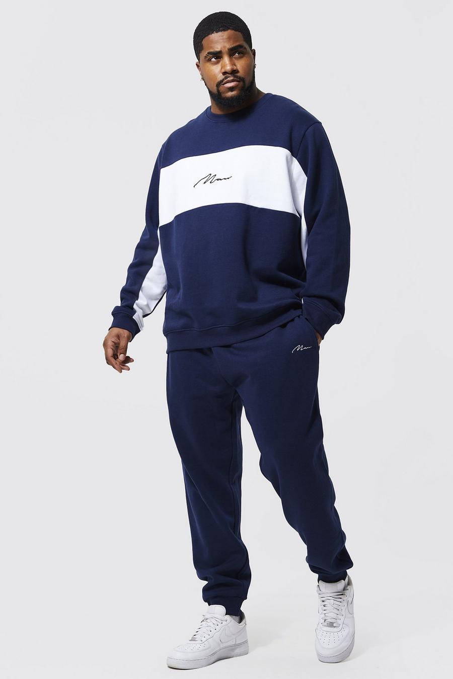 Plus Colorblock Sweatshirt-Trainingsanzug mit Man-Schriftzug, Navy image number 1
