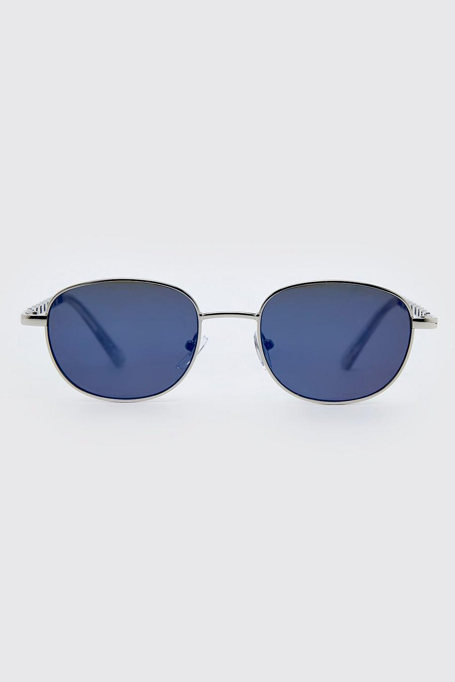 Silver Metal Round Embossed Sunglasses