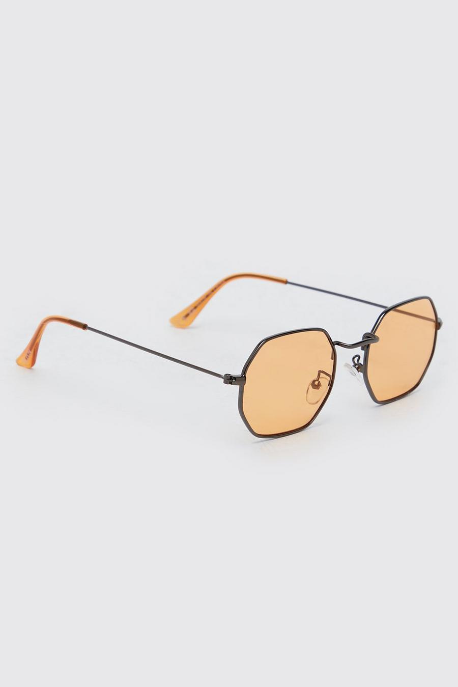 Brown Metal Hexagon Sunglasses