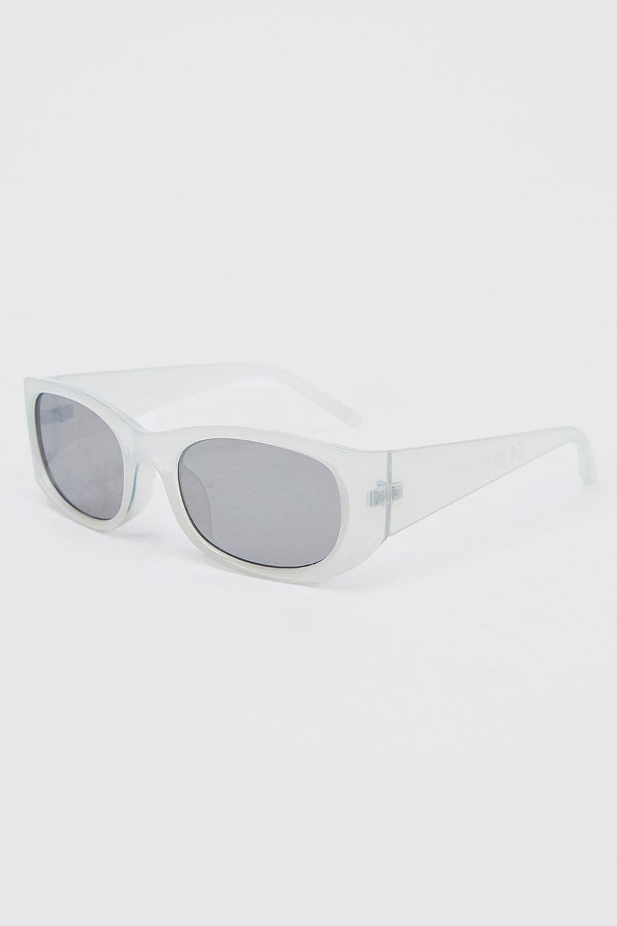 White Plastic Rectangle Wrap Sunglasses