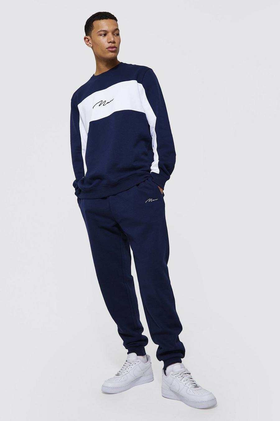 Navy blu oltremare Tall Colour Block Tracksuit with REEL Cotton