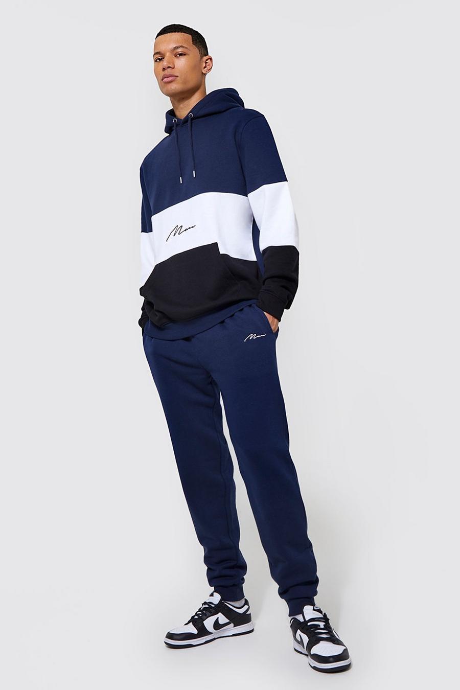 Navy azul marino Tall Colour Block Tracksuit with REEL Cotton