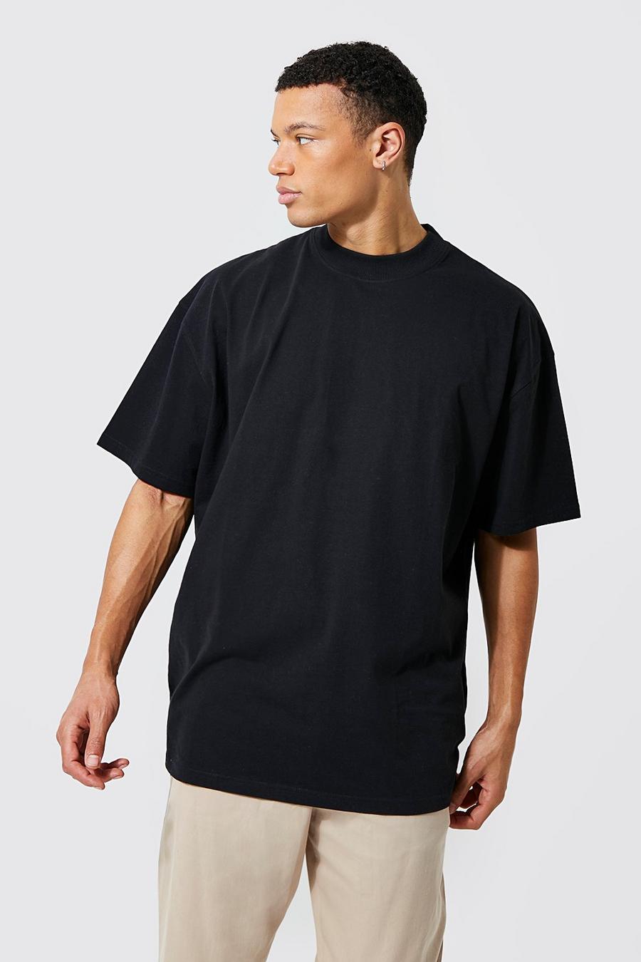 T-shirt Tall comoda in cotone REEL con girocollo esteso, Black negro
