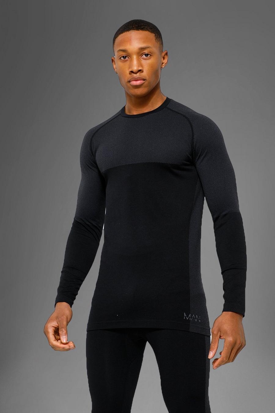 Man Active nahtloses Muscle-Top mit langen Ärmeln, Black schwarz
