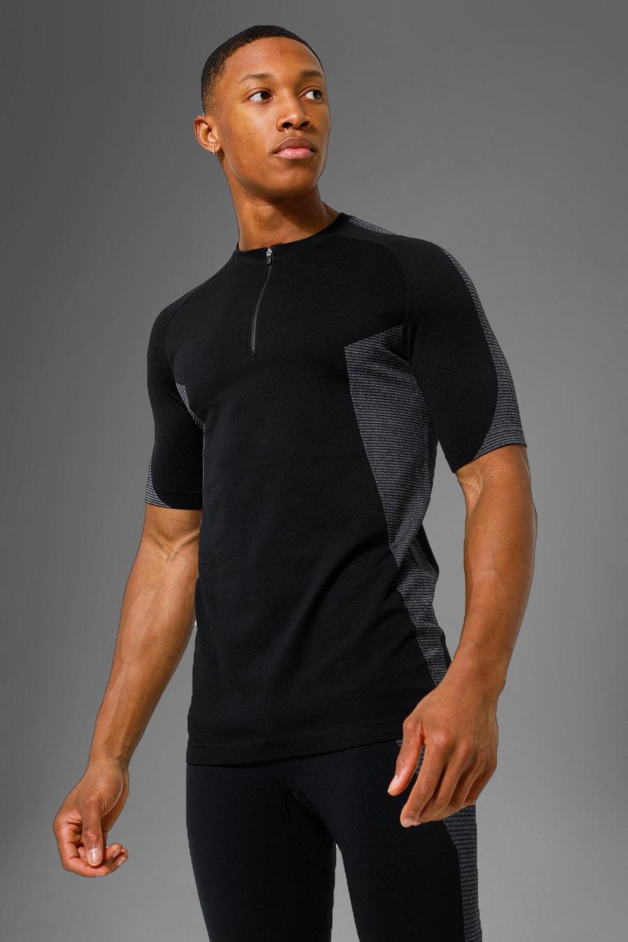 Black svart Man Active Gym Seamless Muscle Zip T Shirt