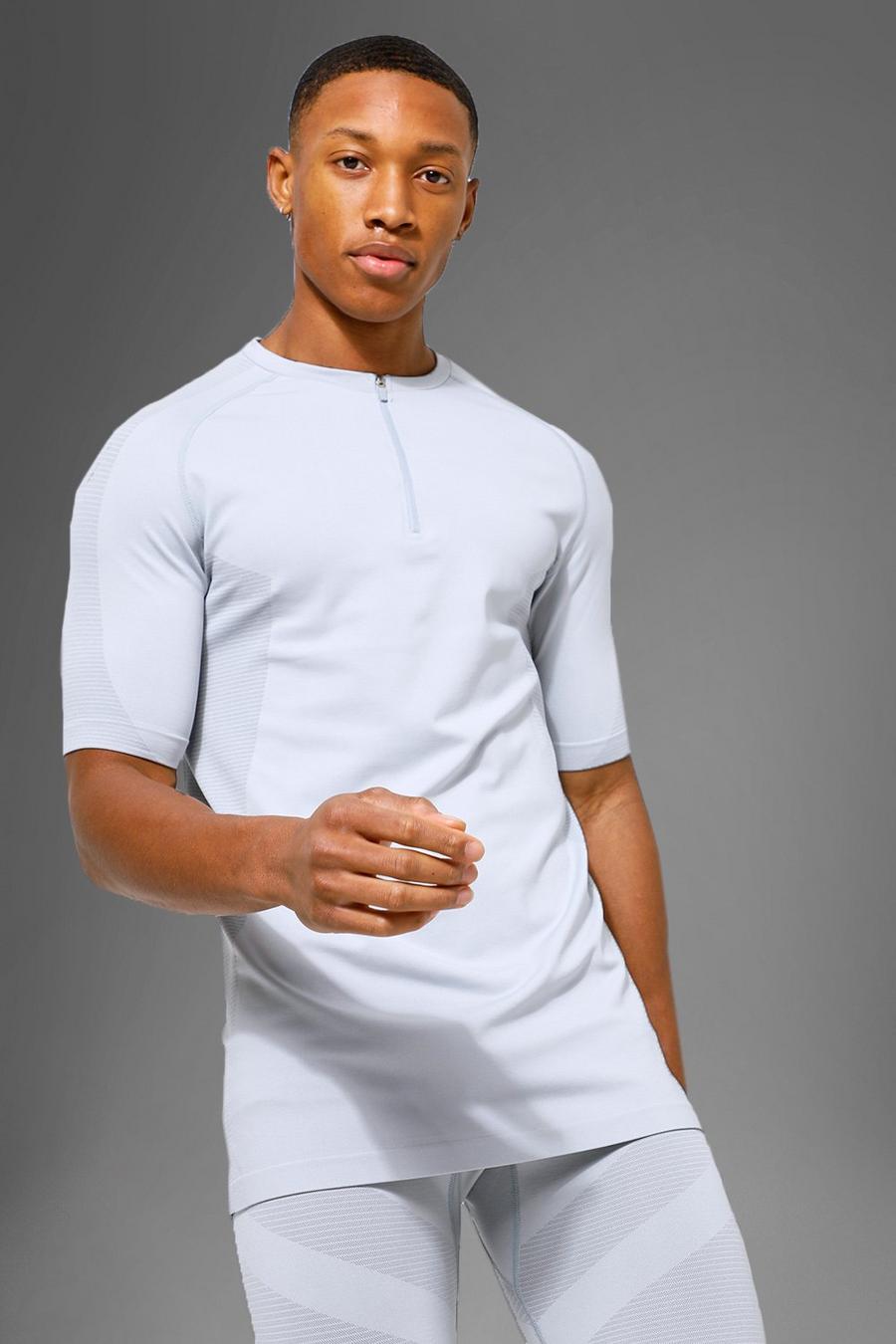 Man Active Gym nahtloses Muscle T-Shirt mit Reißverschluss, Ice grey image number 1