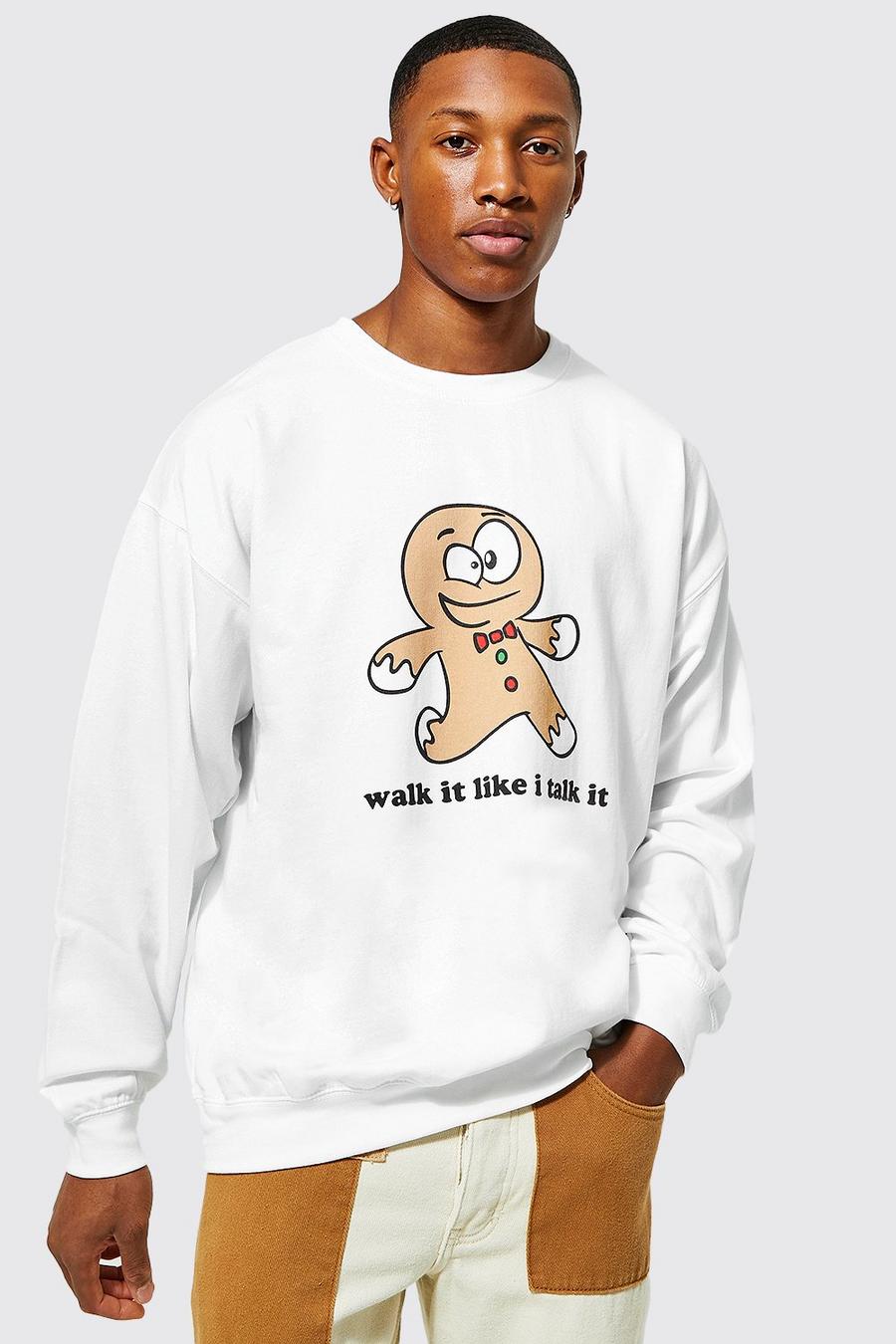 White Oversized Gingerbread Man Christmas Sweatshirt image number 1