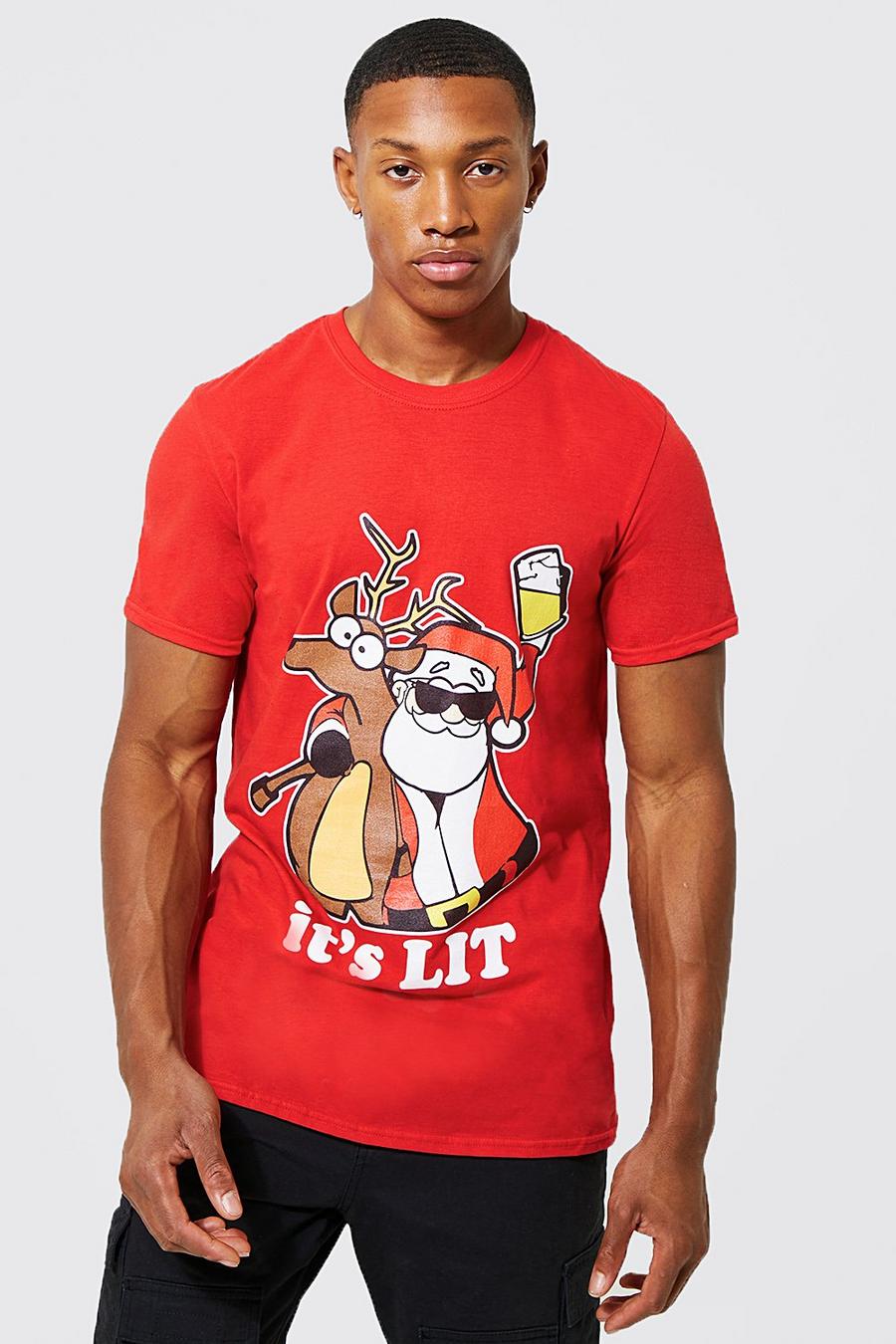 Camiseta navideña con estampado de Santa It's Lit, Red image number 1