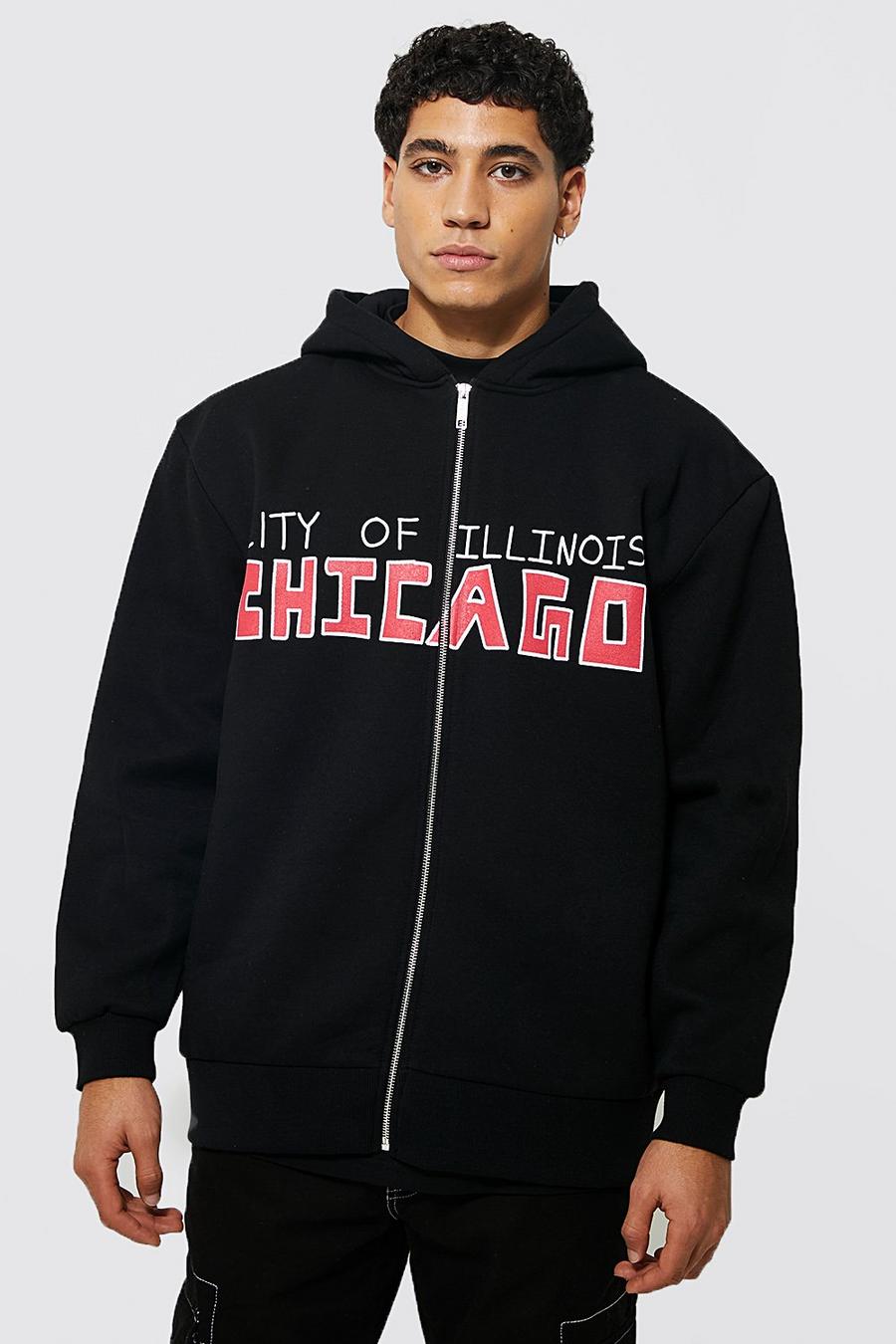 Black Chicago Oversize hoodie med dragkedja image number 1