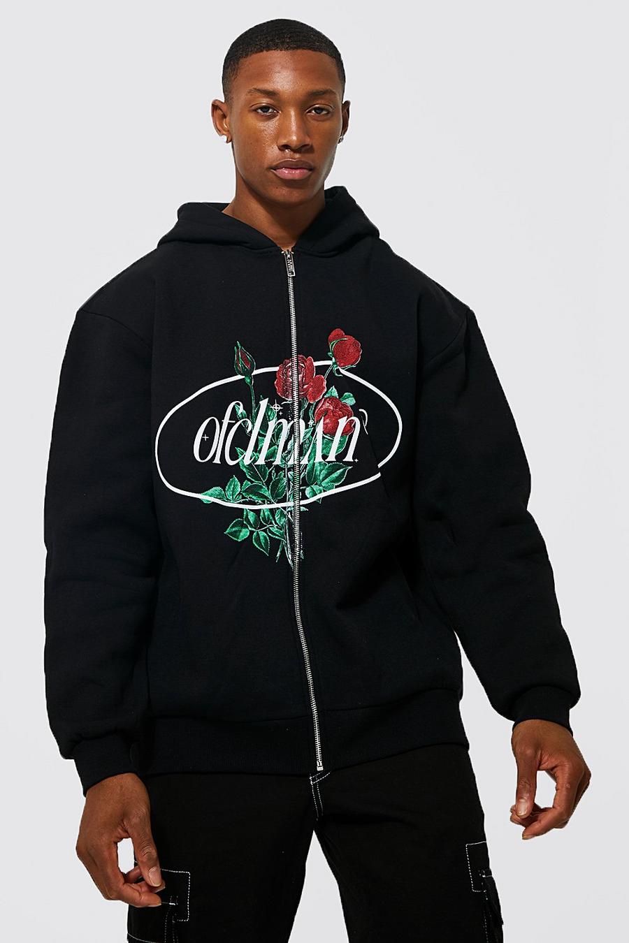 Black Oversized Ofcl Man Floral Zip Through Hoodie image number 1