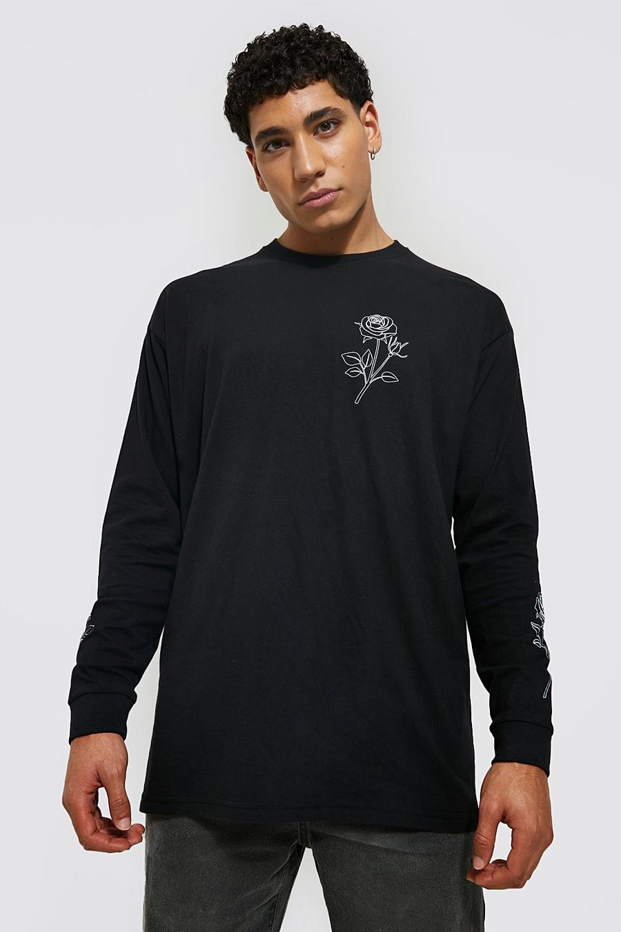 T-shirt oversize a maniche lunghe con stampa di rose, Black image number 1