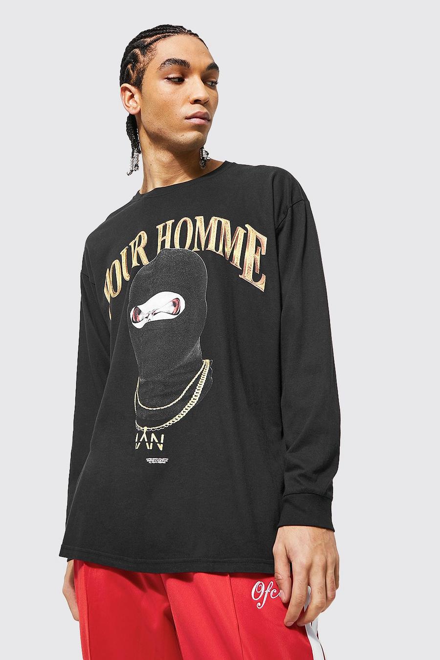 Black Oversized Homme Graphic Long Sleeve T-shirt image number 1