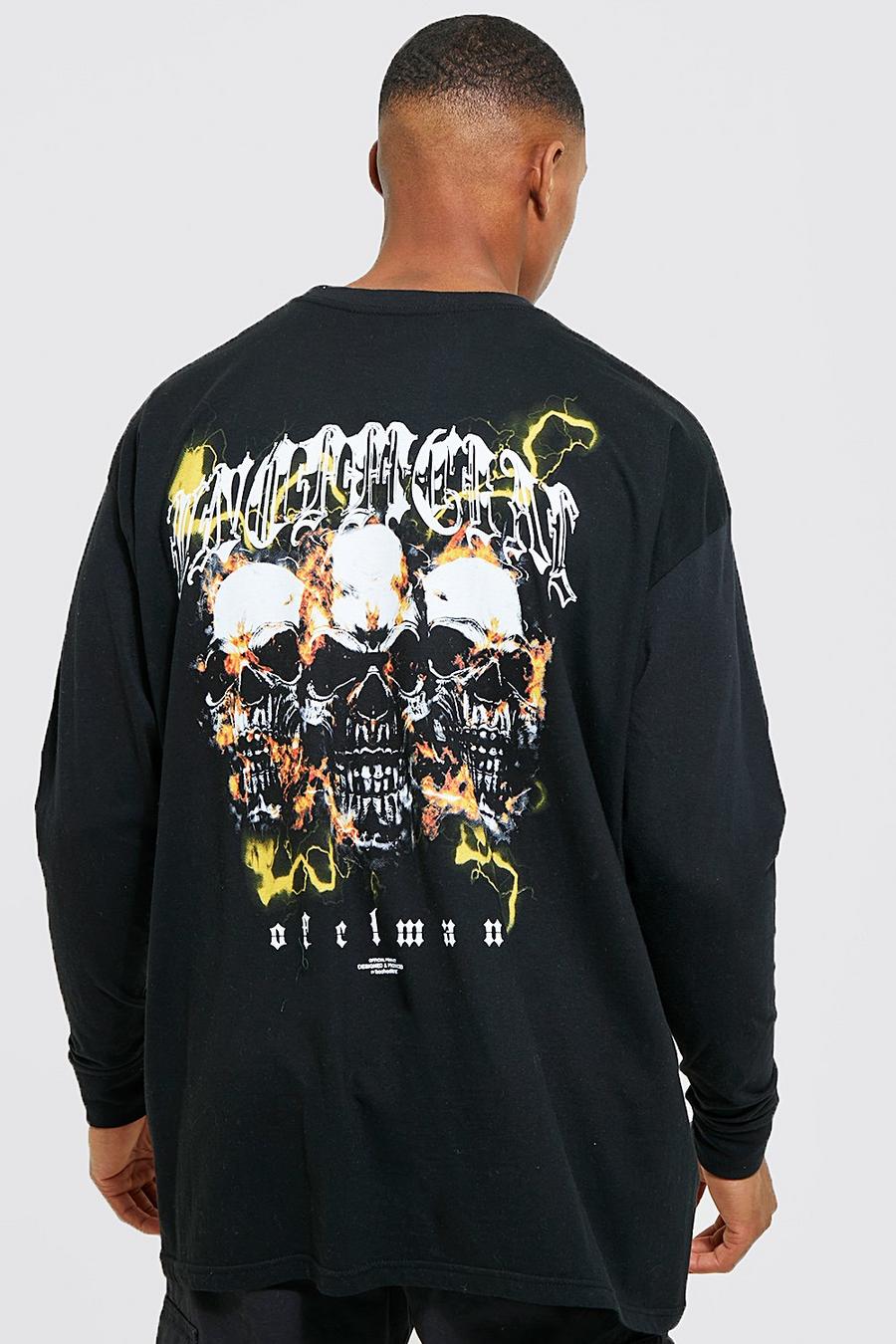 Black Oversized Skull Graphic Long Sleeve T-shirt image number 1