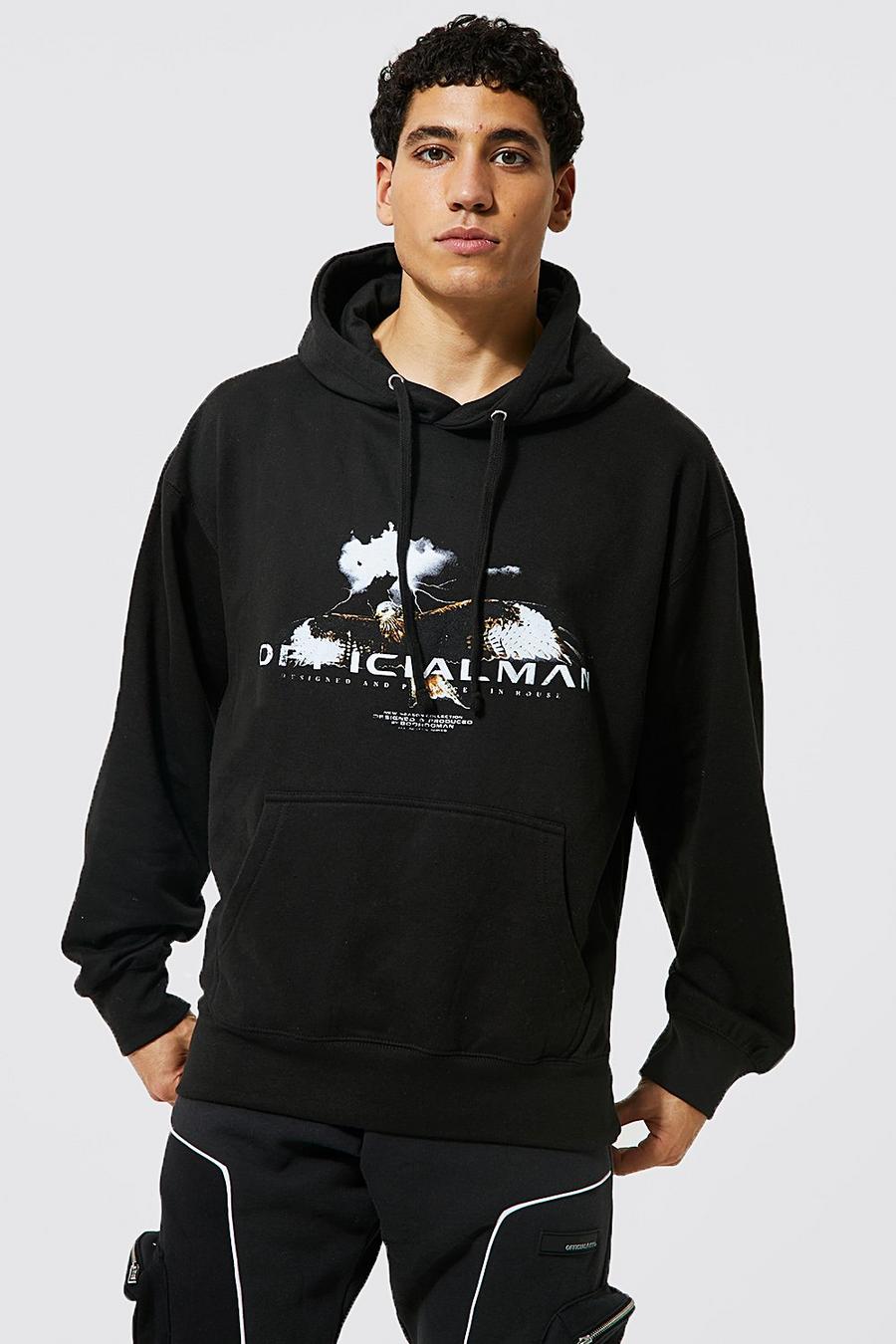 Black Oversized Official Man Eagle Graphic Hoodie image number 1