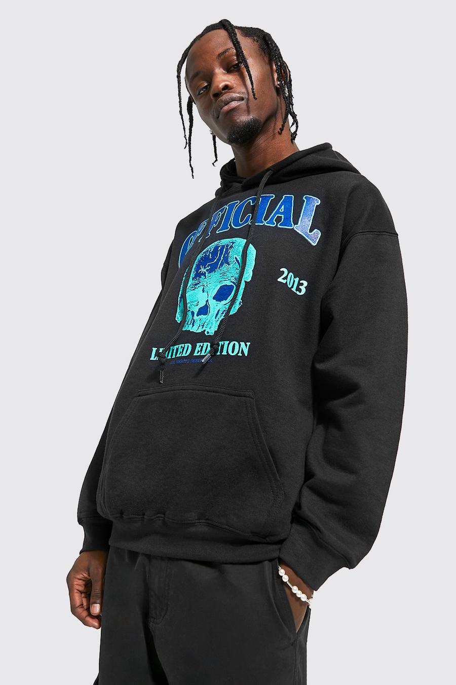 Black Oversized Official Skull Graphic Hoodie image number 1