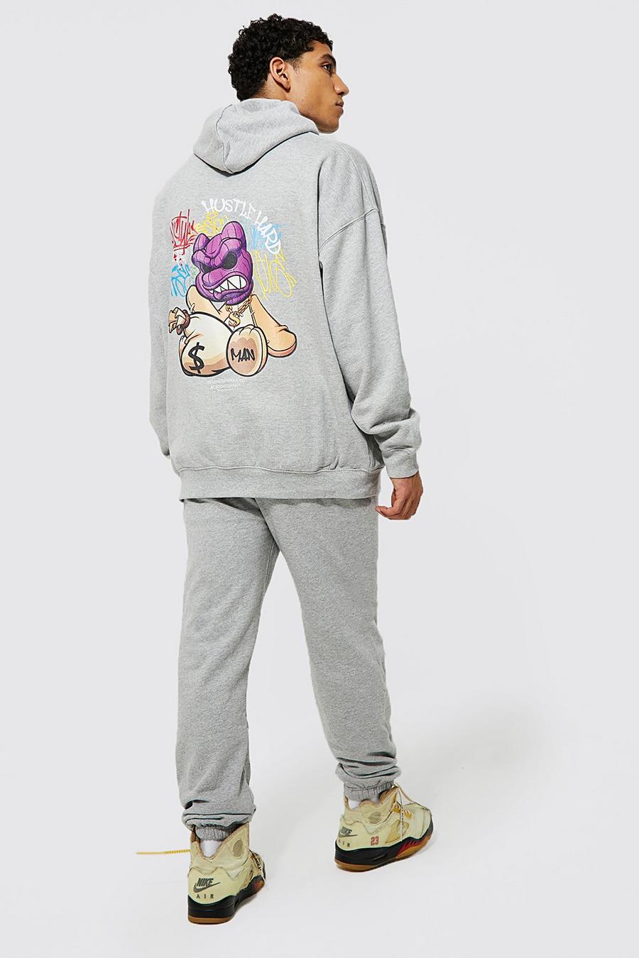 Tuta sportiva oversize stile Graffiti con cappuccio e orsetto, Grey marl image number 1