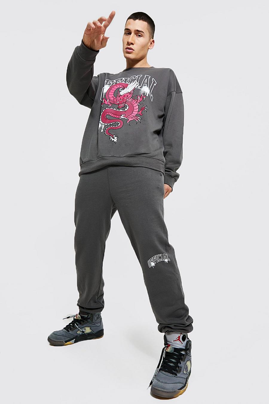 Oversize Official Sweatshirt-Trainingsanzug mit Drachen-Print, Charcoal grau