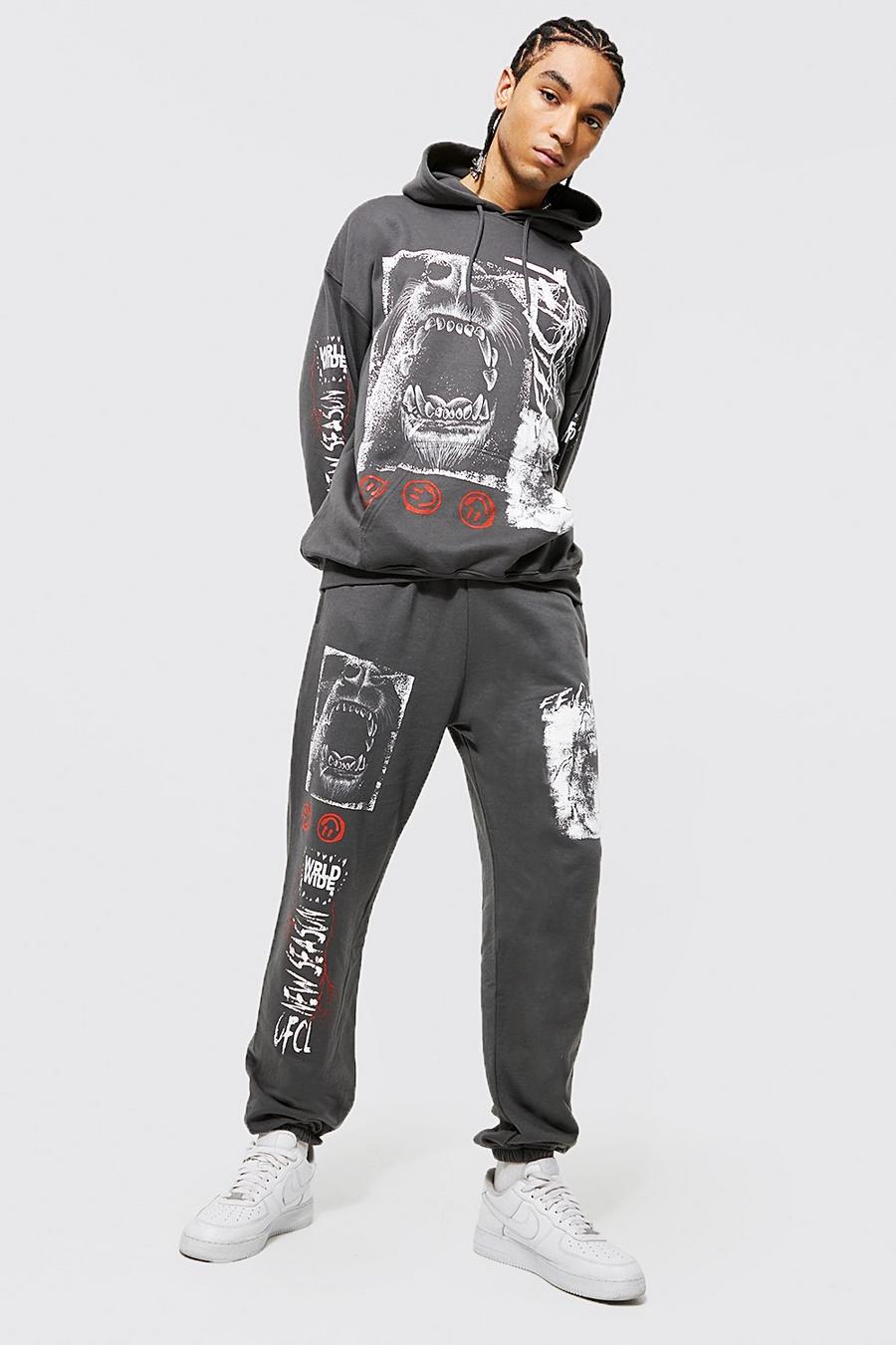 Charcoal Oversized Graffiti Hooded Tracksuit image number 1