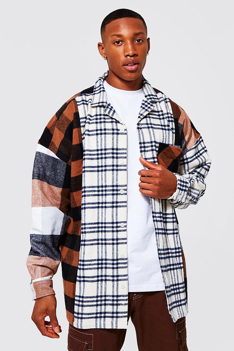 Brown Oversized Spliced Check Overshirt image number 1