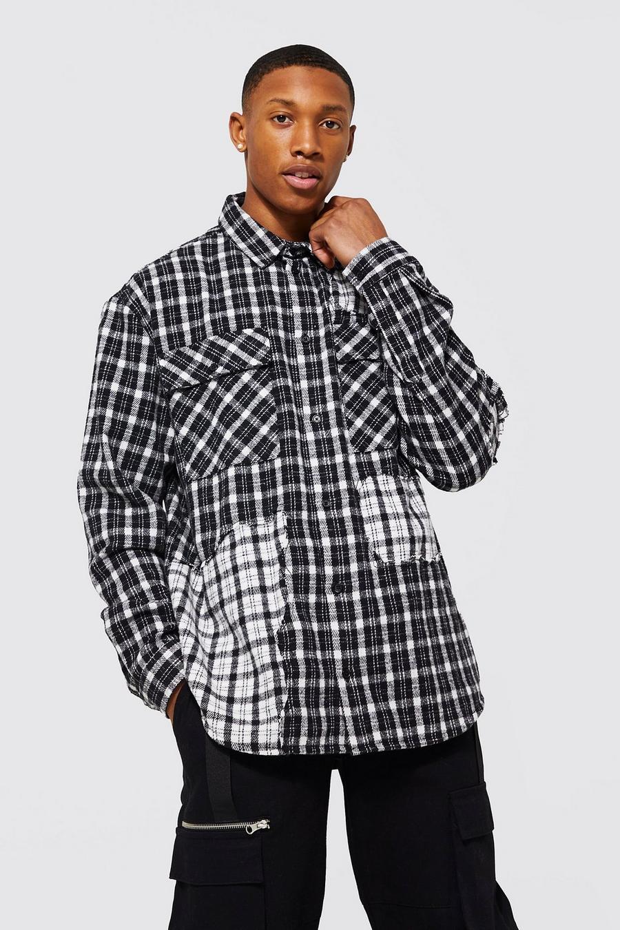 Black Oversized Curved Spliced Check Shirt
